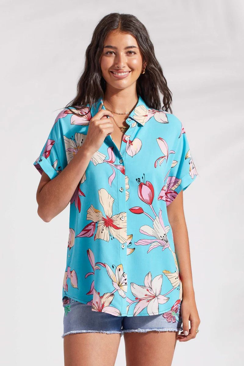 Cap sleeve button up top, Color: Honolulu, Size: S