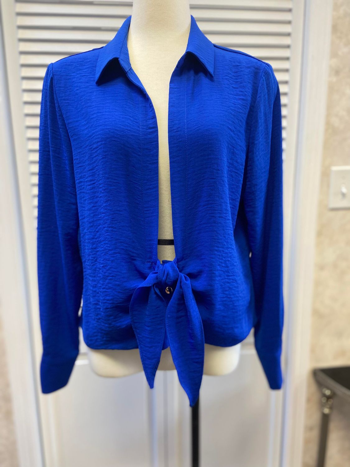 Seer sucker mock tie blouse, Color: Royal, Size: 6