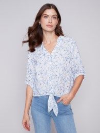 Embroidered tie blouse, Color: Sky, Size: M