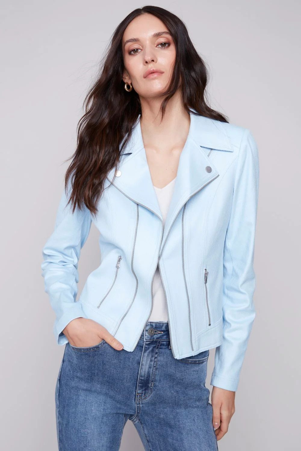 Faux leather moto jacket, Color: Sky, Size: S