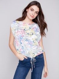 Gathered sleeve print tee, Color: Hawaii, Size: S