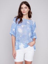 Printed cotton gauze top , Color: Lt. Blue, Size: S