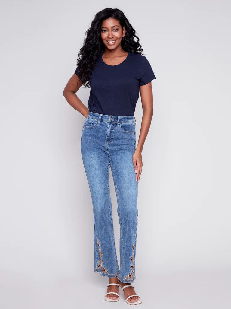 Embroidered bell bottom jean , Color: Med wash, Size: 4