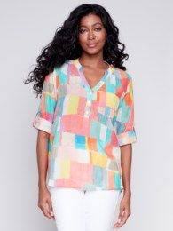 Mao collar 1/2 button blouse, Color: Mosaic, Size: S