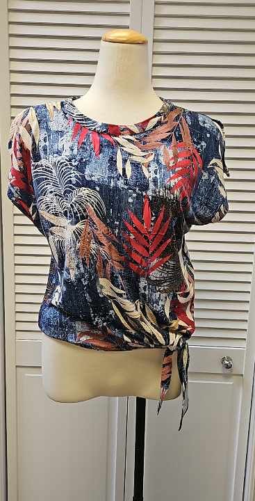 Printed tie split sleeve tee, Color: Blue/ Pink, Size: 6
