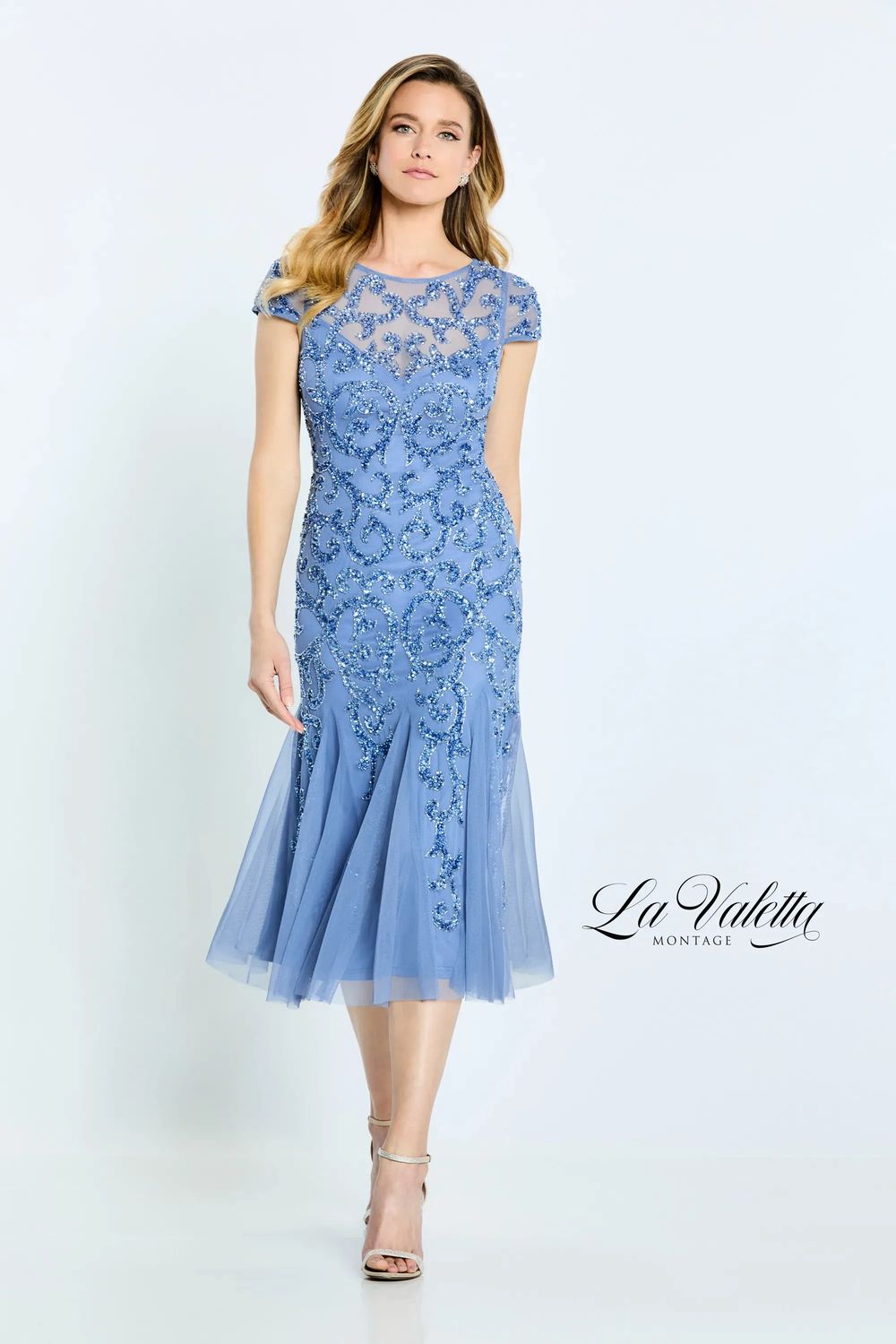Beaded tulle fit and flare, Color: Blue Slate, Size: XS
