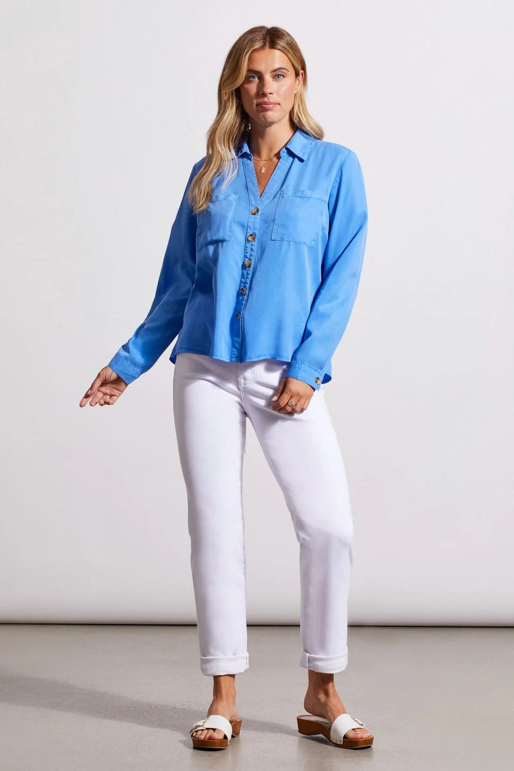 Long sleeve button blouse, Color: Bluestar, Size: S