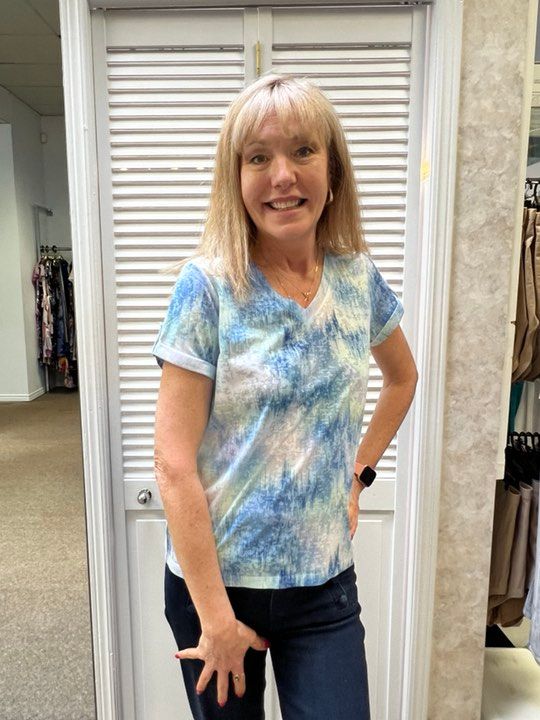 V-neck cap sleeve top, Color: Sea Ripple, Size: M