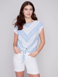 Boat neck tie front top, Color: Blue Mix, Size: XS