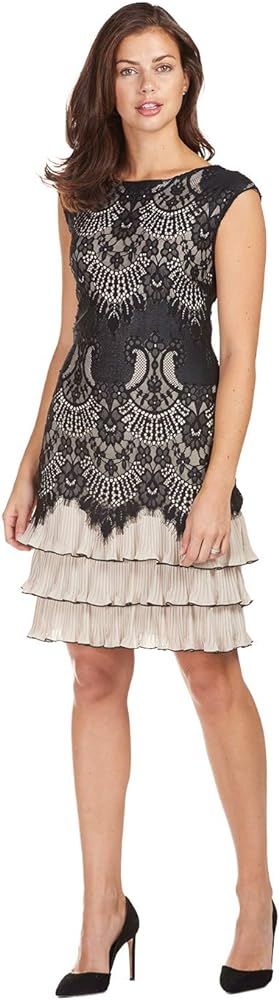 Lace bodice tiered dress, Color: Black/  Nude, Size: 10