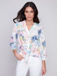 Eyelet front tie button top, Color: Poem, Size: XS