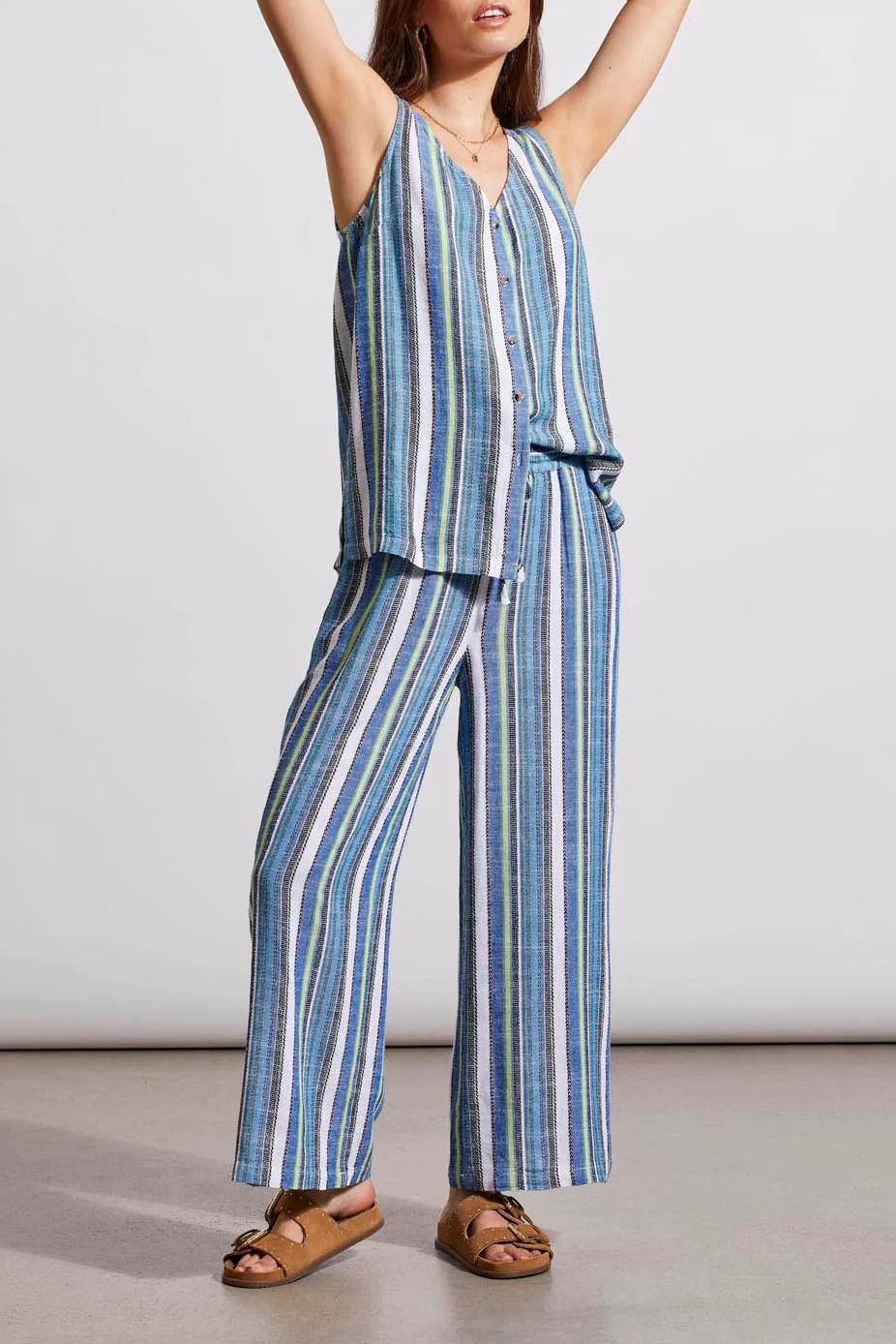 Linen blend flowy stripe pant, Color: Blue sea, Size: S