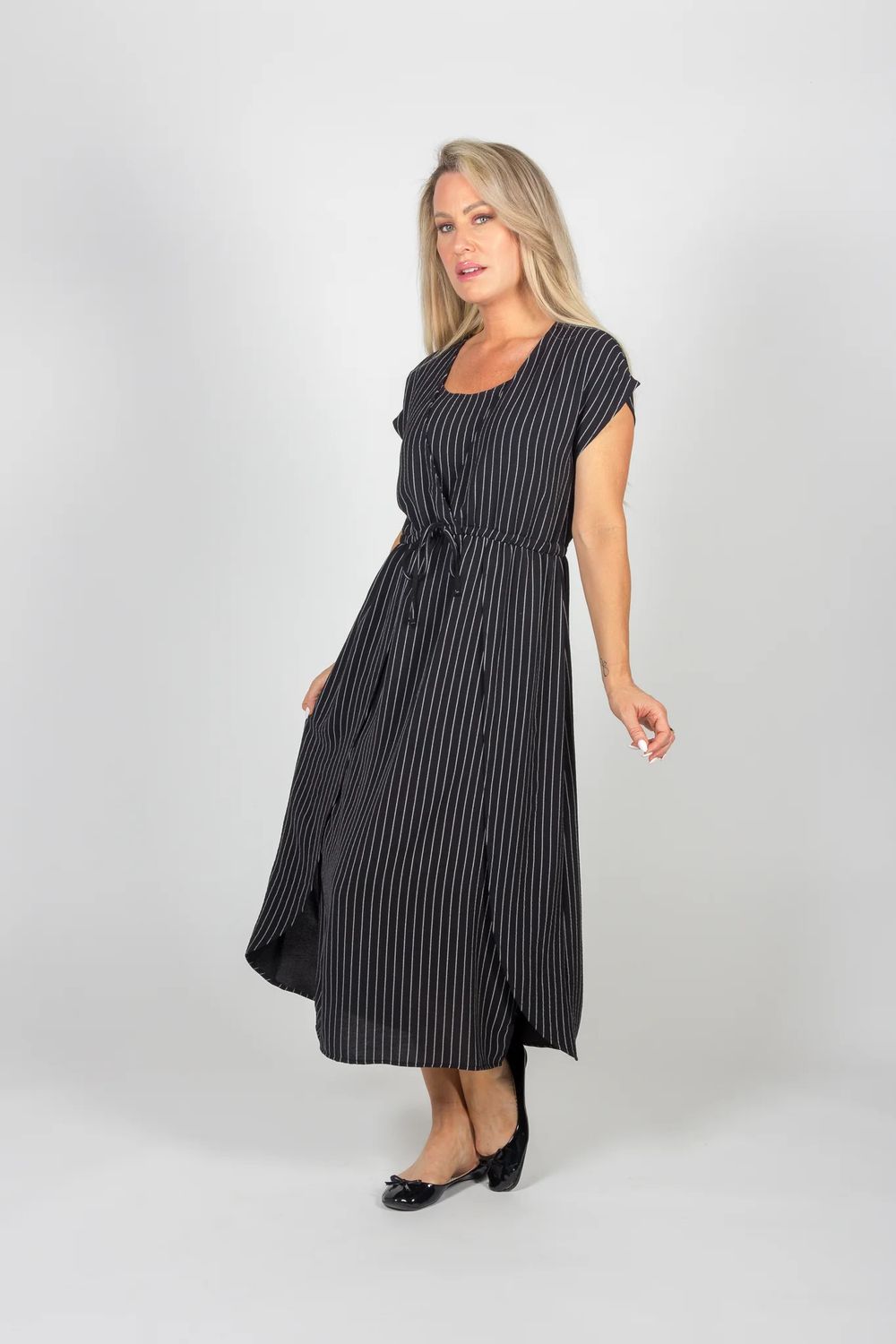 Cap sleeve stripe dress , Color: Black/  White, Size: S