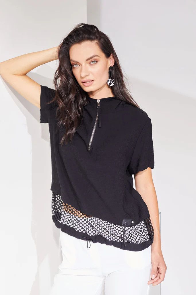 Hooded mesh panel hem top, Color: Black, Size: 1