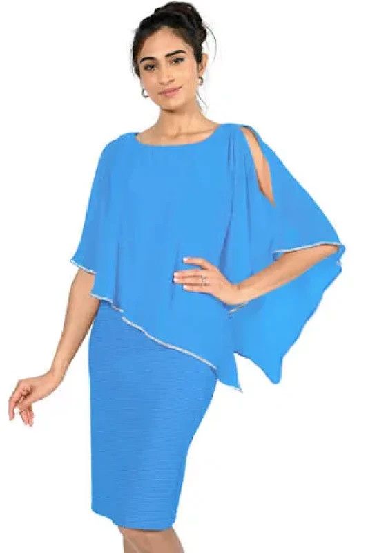 Chiffon cape overlay w/ rhinestone trim , Color: French Blue, Size: 12