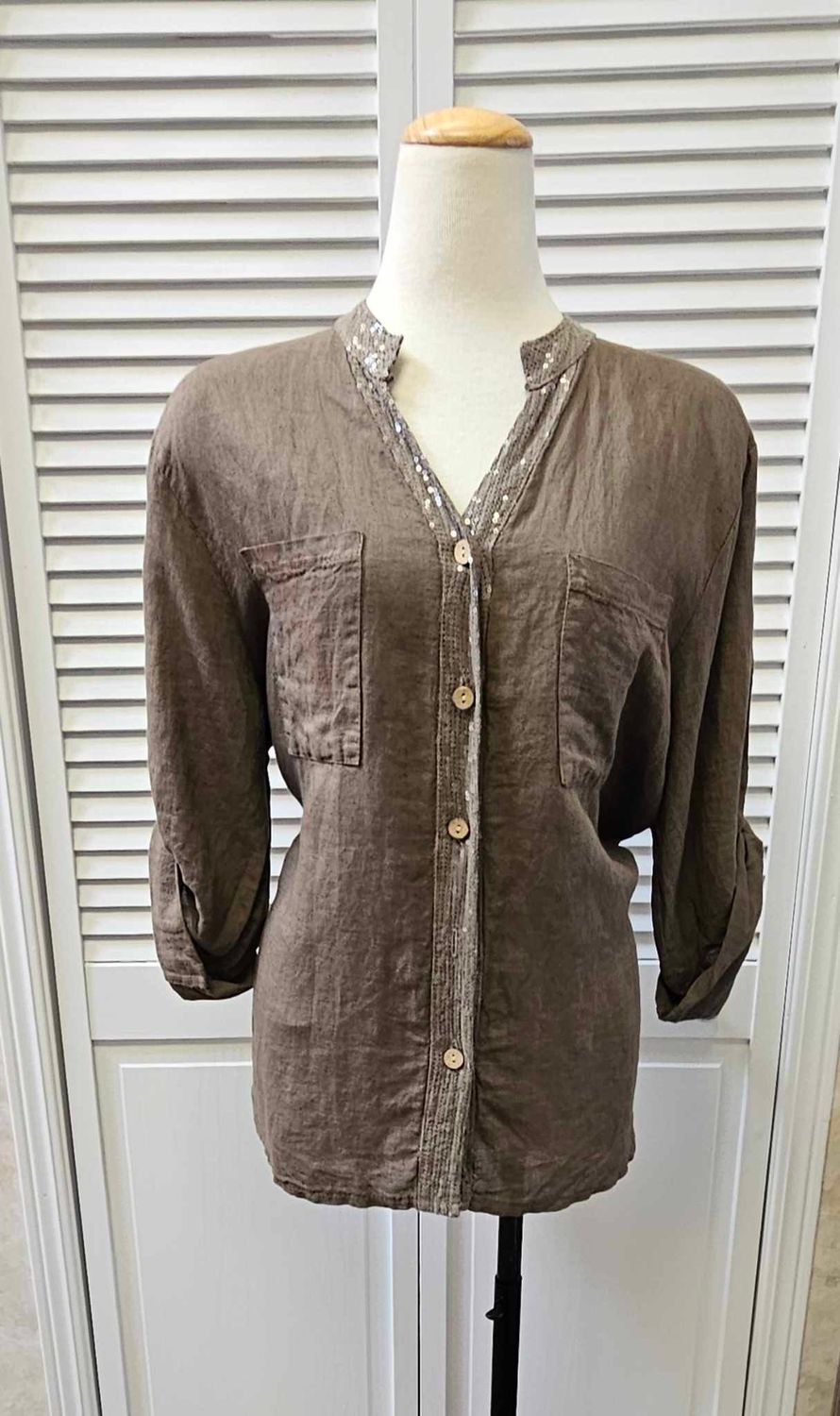 Button up embroidered back detail top, Color: Birch Brown, Size: S