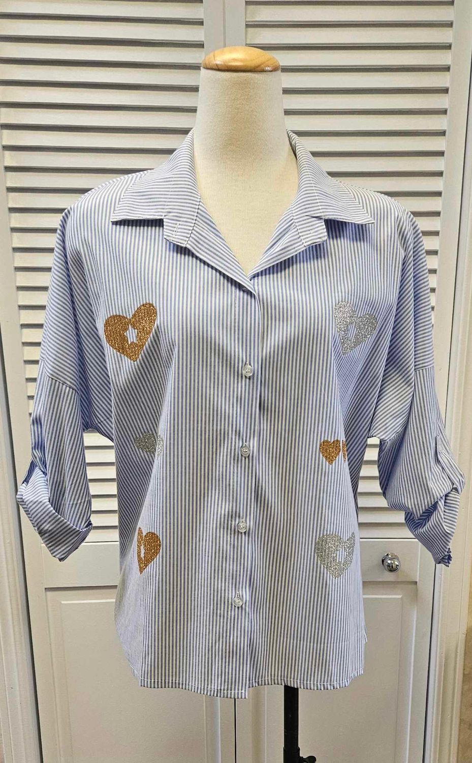 Stripe blouse w/ printed heart details, Color: Blue/ white, Size: S