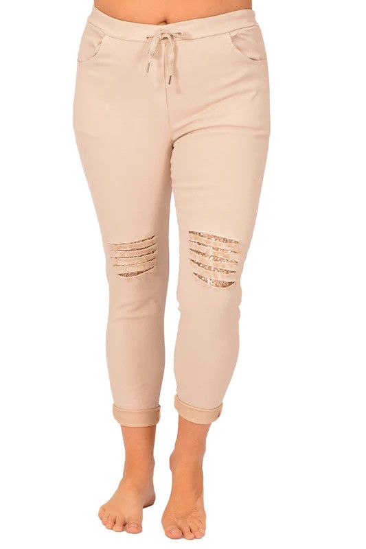 Cut out sequin detail jogger, Color: Beige, Size: O/S