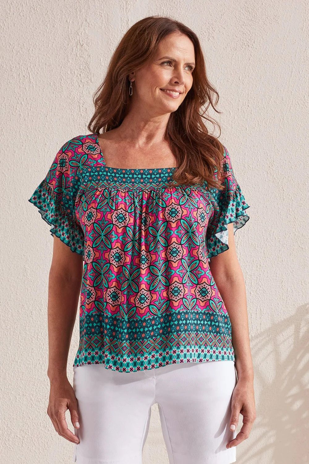 Printed blouse w/ pico stitching, Color: Atlantic, Size: XS