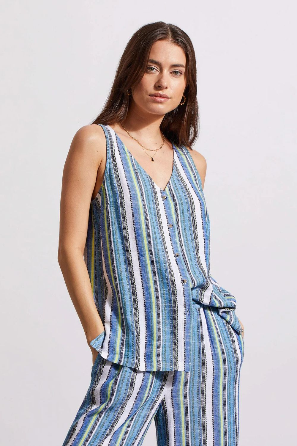 Linen blend stripe button down cami, Color: Blue Sea, Size: S