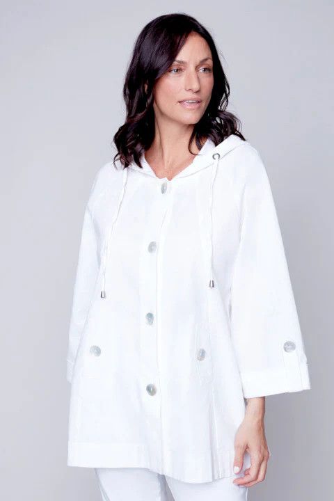 Button down hooded linen jkt, Color: White, Size: S
