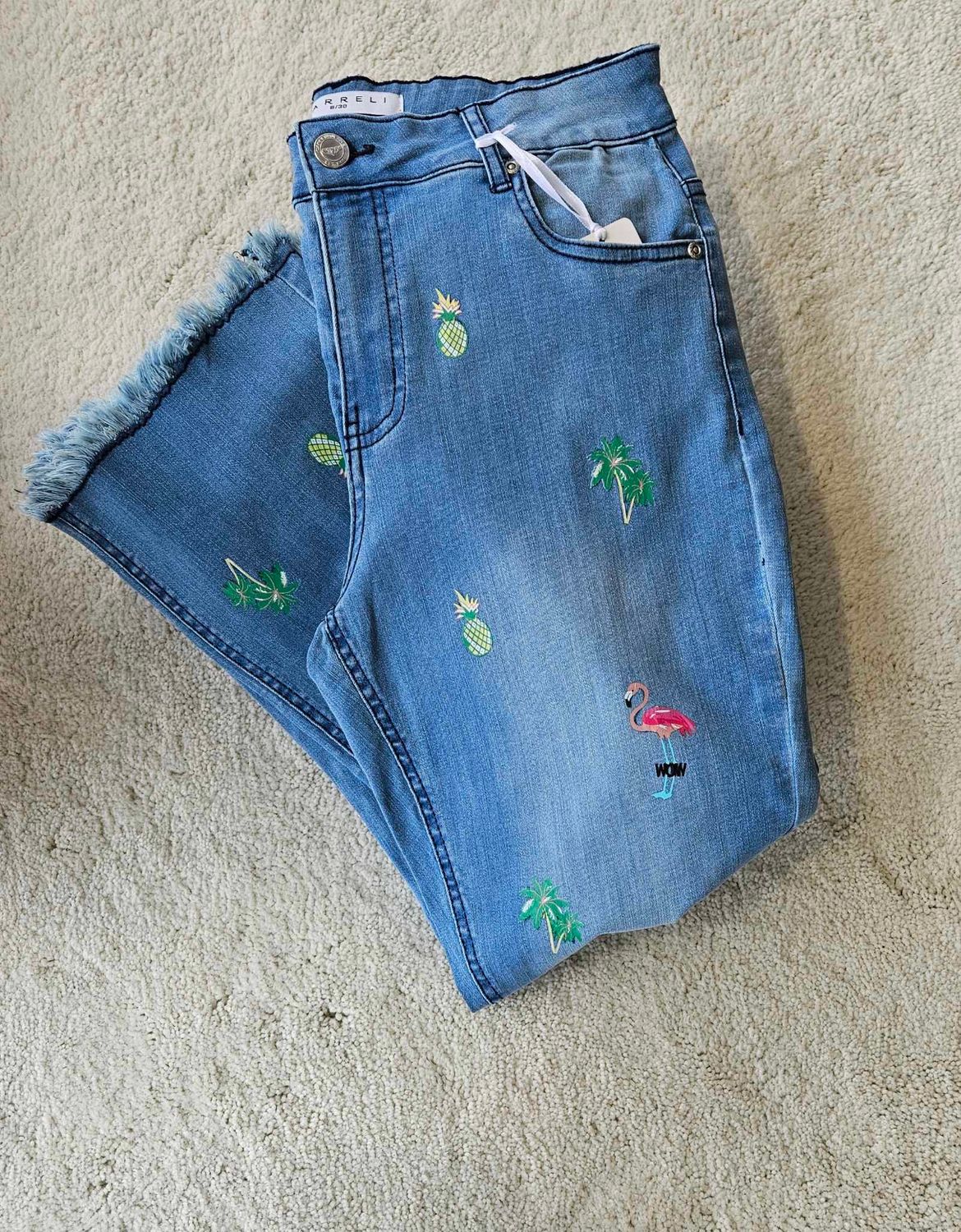 Tropical printed jean w/ frayed hem , Color: Med. Wash, Size: 8