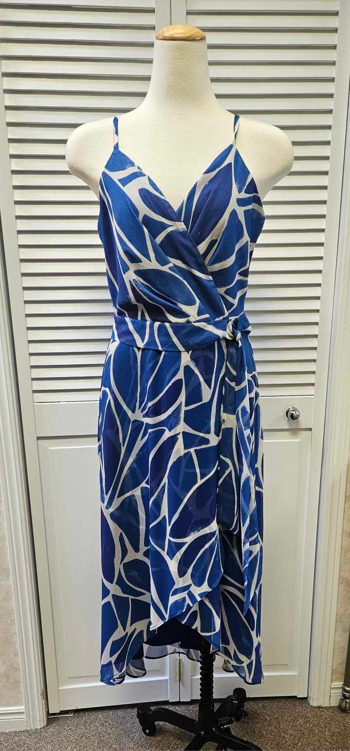 High-Low strappy print dress, Color: BLUE OFF WHITE, Size: 4
