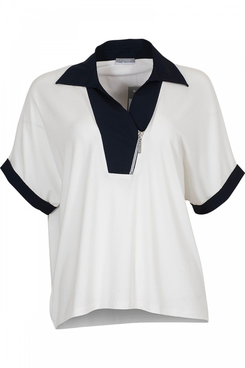 Collard jersey zip t-shirt, Color: Cream/ Navy, Size: 1