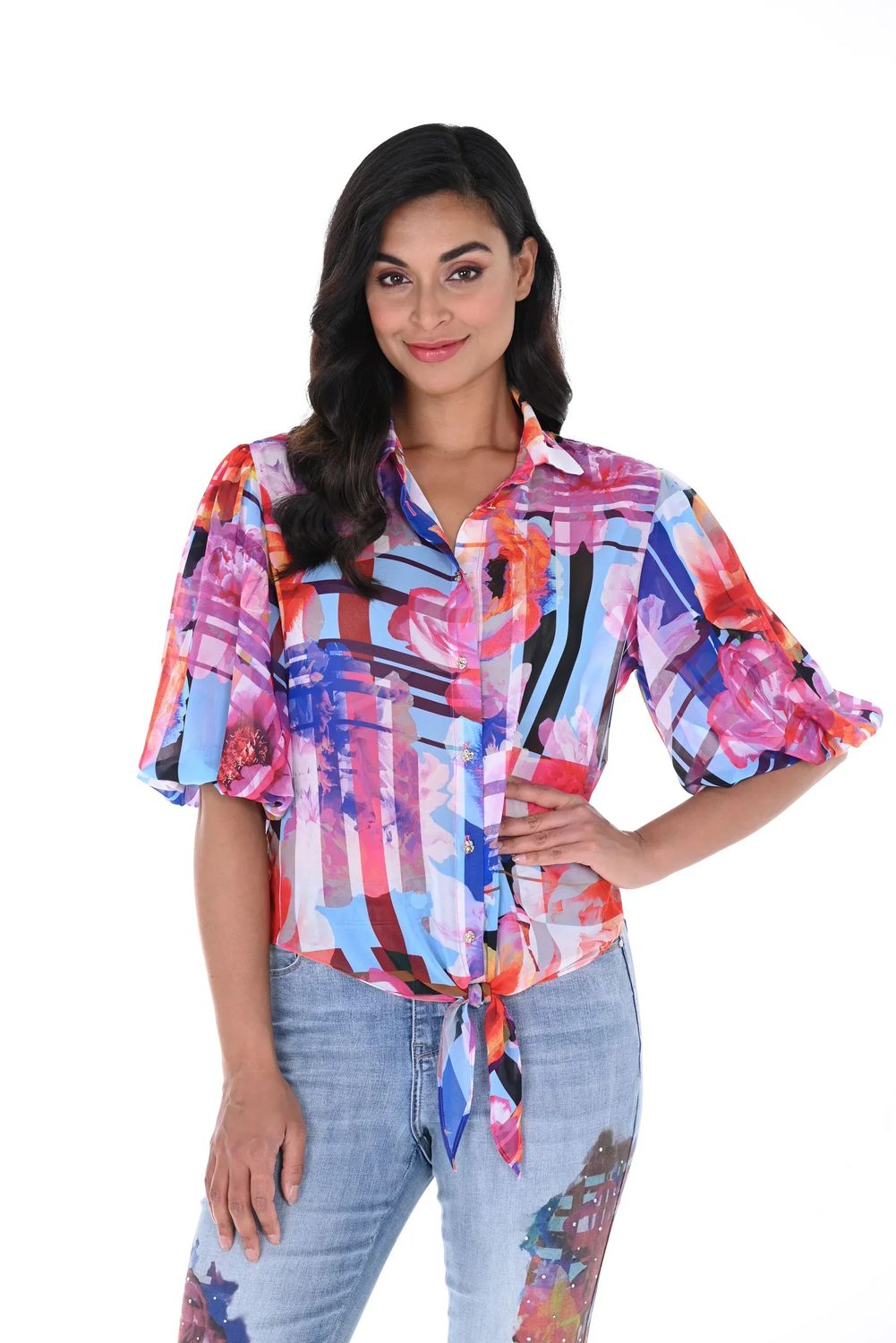 Tie front blouse w/ puff sleeve, Color: Multi, Size: 6