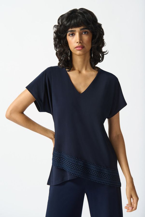 Lace hem V-neck top, Color: Midnight Navy, Size: 10