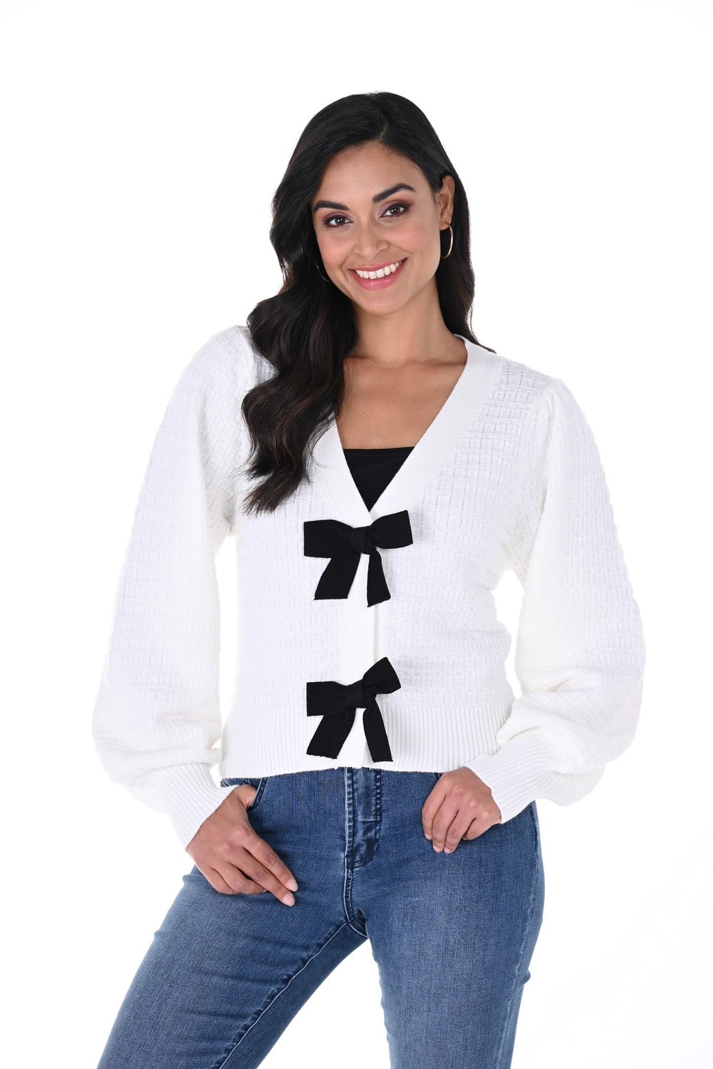 Bow front cardigan , Color: Off- white, Size: S