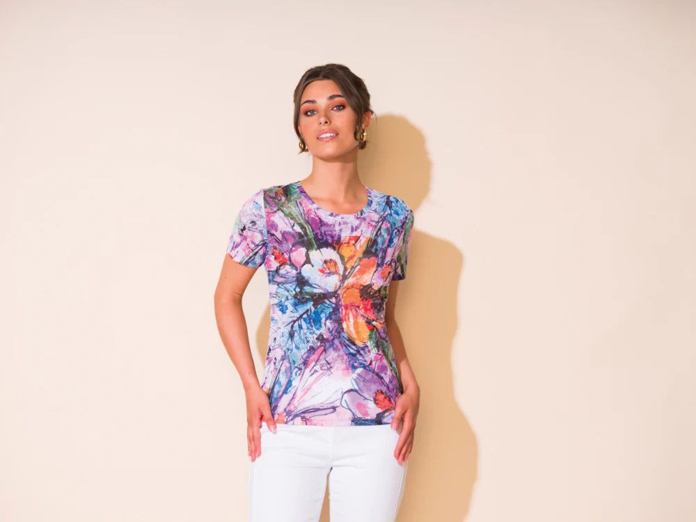 Round neck floral t-shirt, Color: Purple mix, Size: S