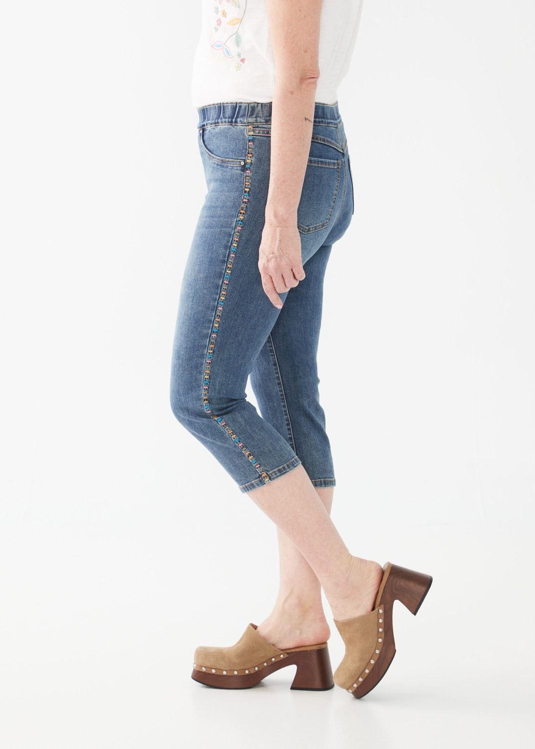 Embroidered side pull-on denim capri, Color: Med. Wash, Size: 4