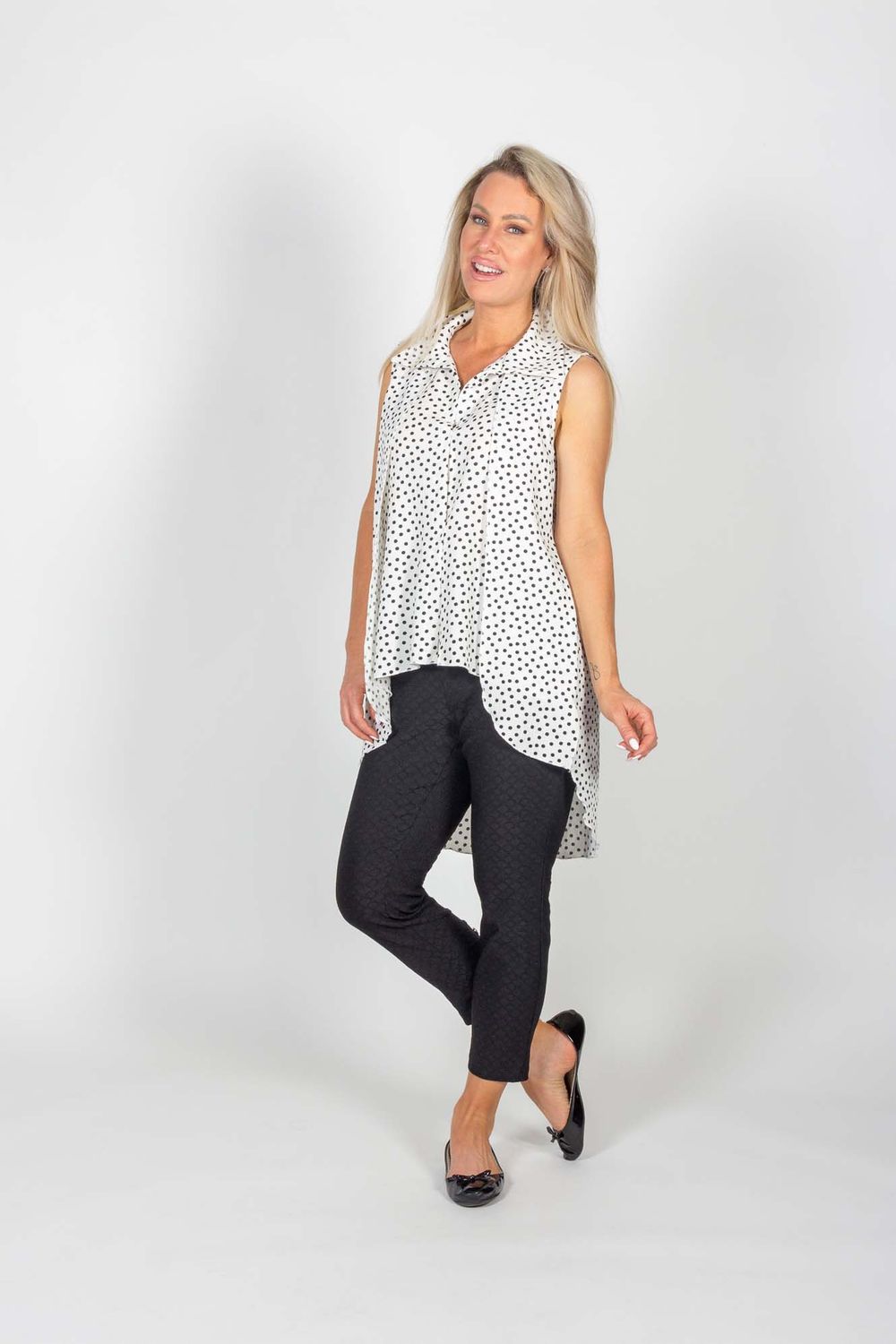 High-low polka dot sleeveless top, Color: White/ Black, Size: S