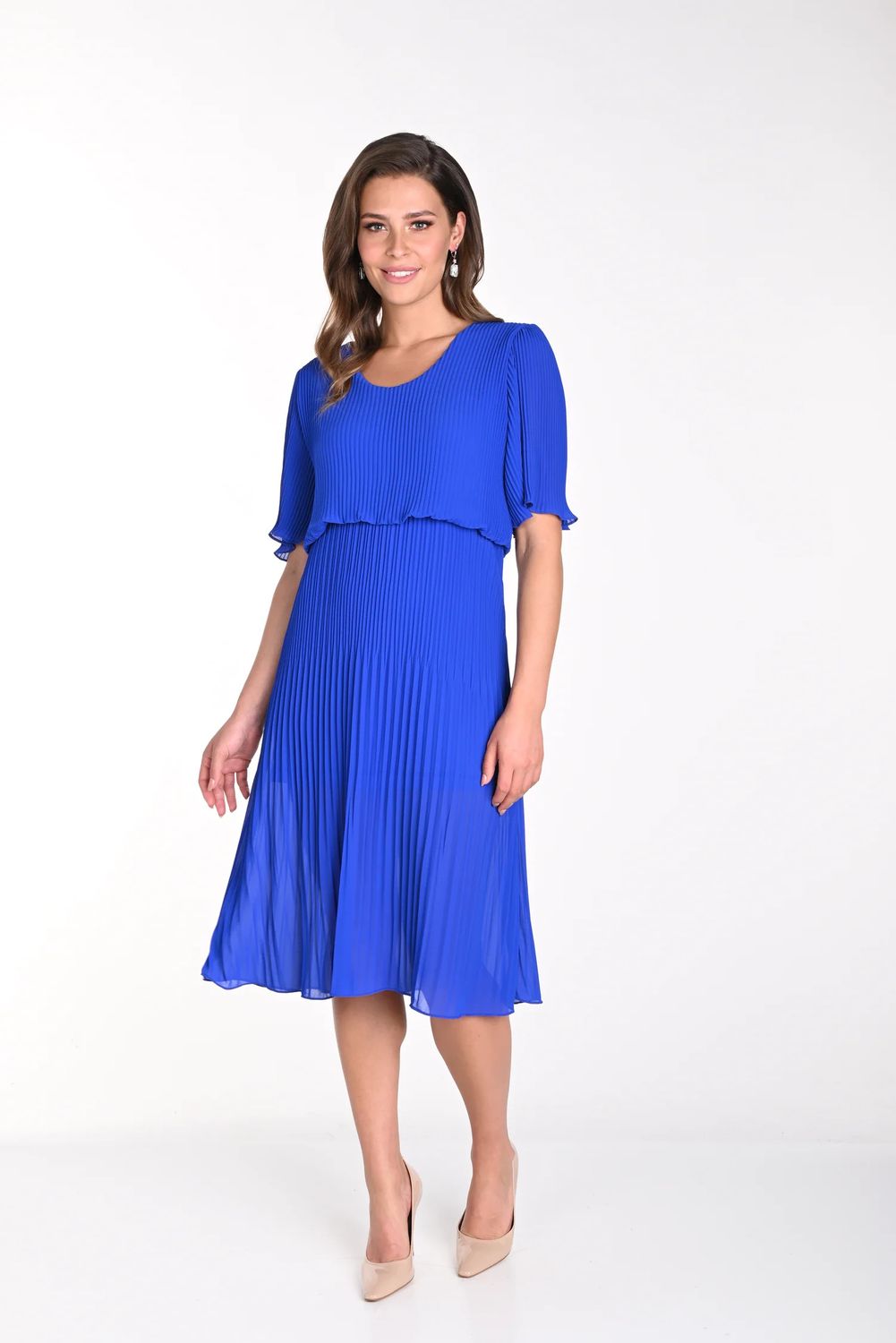 Pleated 3/4 sleeve midi, Color: Royal Blue, Size: S