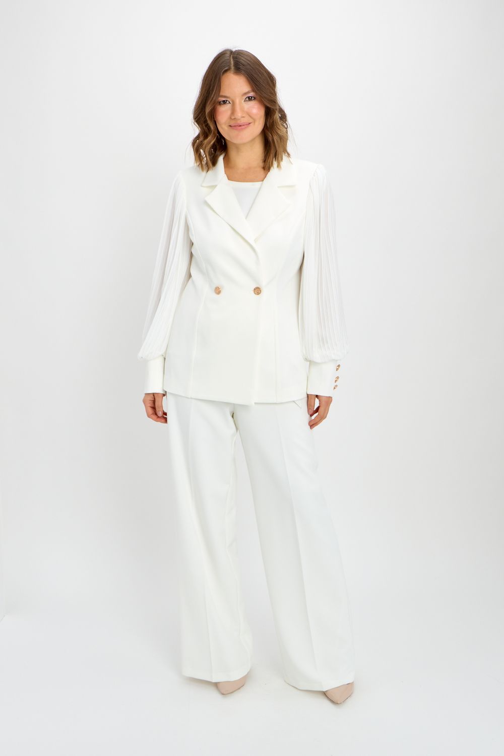 Puff sleeve notched collar blazer and pant, Color: Off-White, Size: S