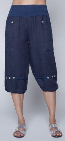 Balloon hem linen capri, Color: Navy, Size: S