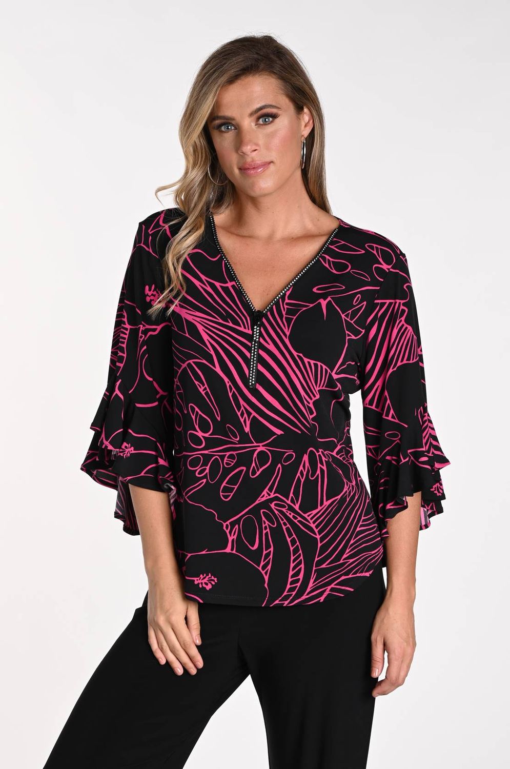 Diamanté zip top w/ flutter sleeve, Color: Fuchsia/ Black, Size: 6