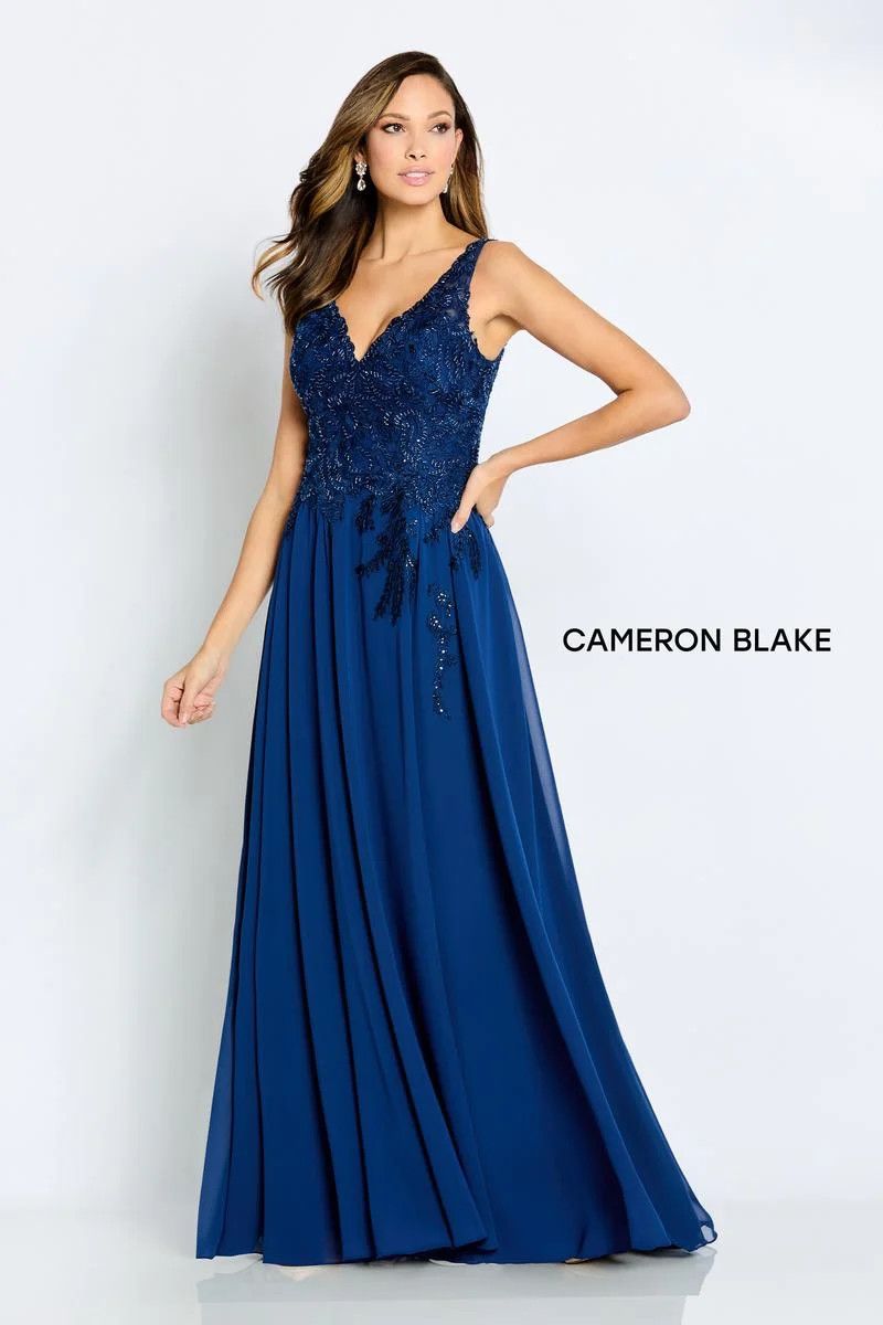 Beaded lace bodice chiffon skirt gown, Color: Navy, Size: 20w
