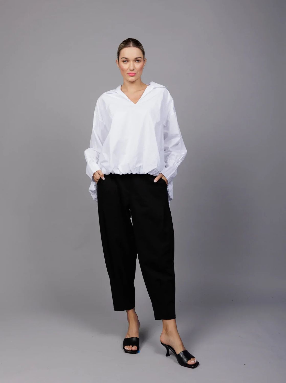 Hi- low blouson blouse , Color: White, Size: S