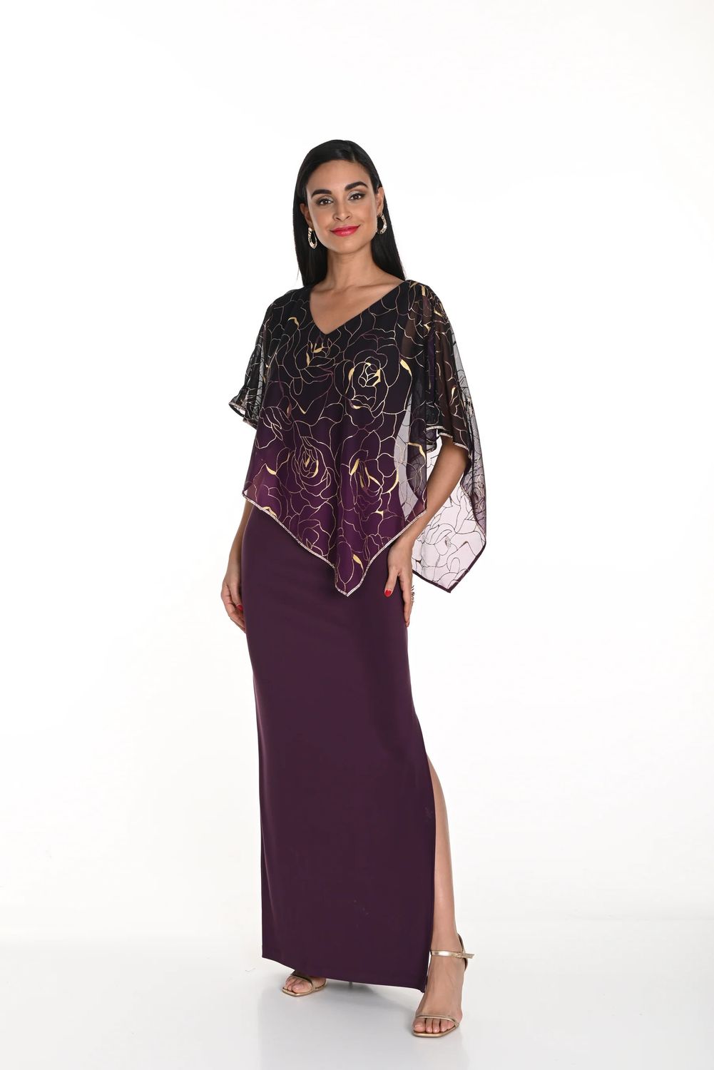 Maxi overlay dress w/ embellished trim, Color: Mulberry/ Gold, Size: 12