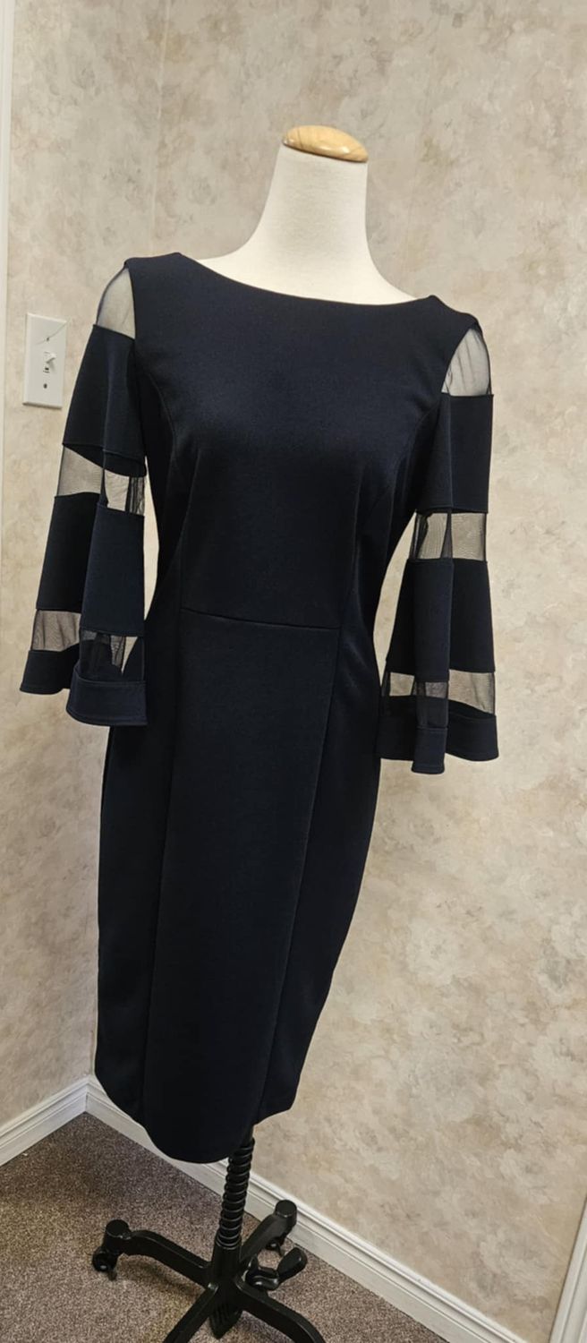 Mesh strip sleeve midi dress, Color: Midnight, Size: 10