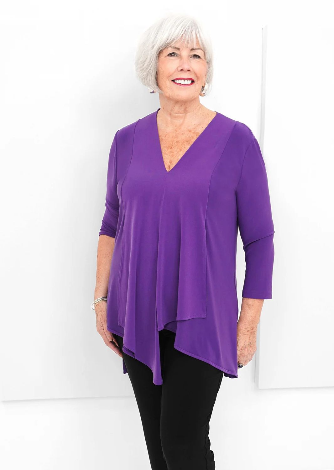 Asymmetrical v-neck tunic top, Color: Empress, Size: 14