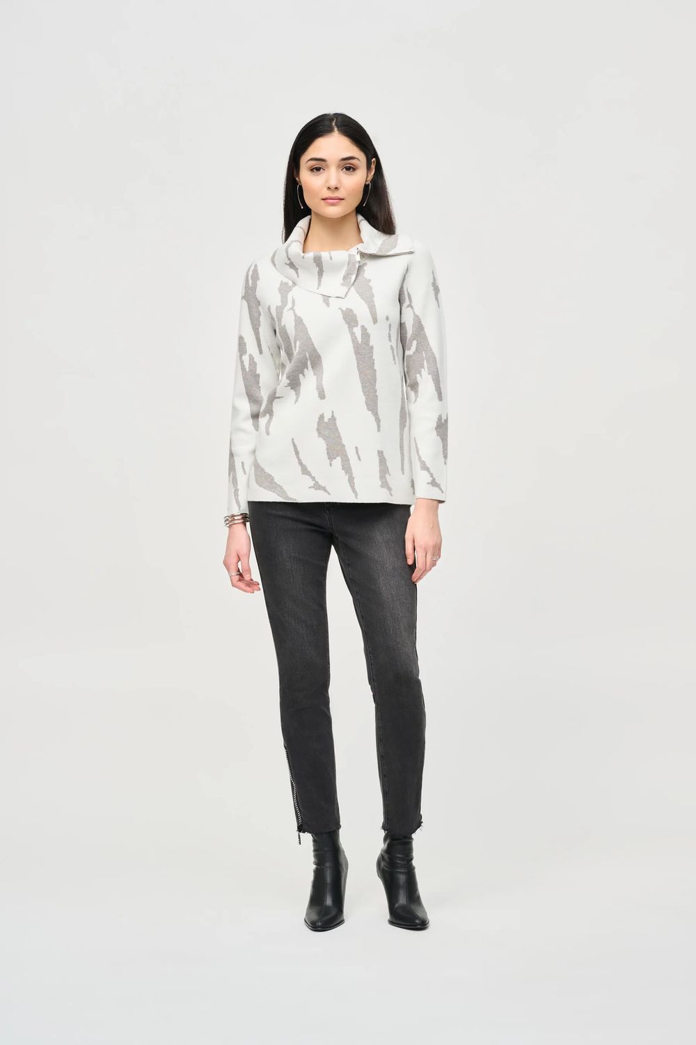 Cowl neck abstract sweater, Color: Vanilla/ Grey, Size: M