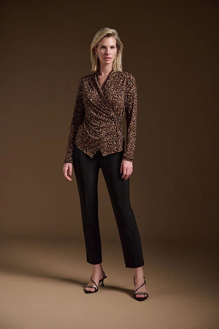 Animal print fitted wrap top, Color: Beige/ Black, Size: 6