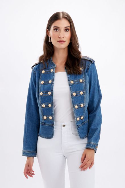 Military gold button denim jacket , Color: Med Wash, Size: S