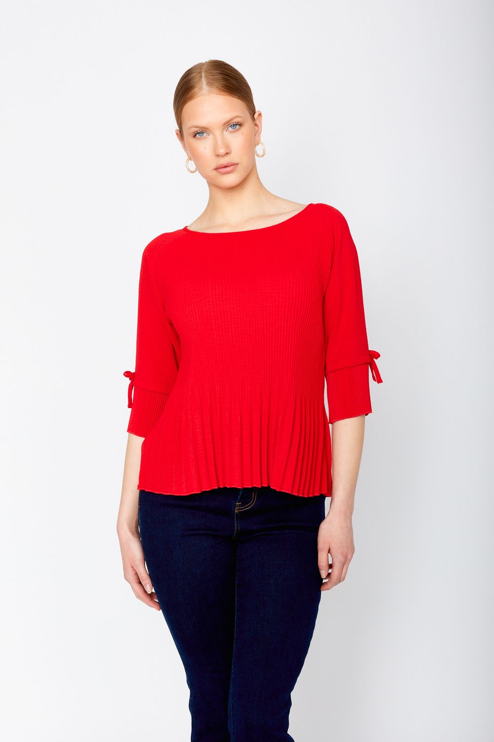 Ribbed bout neck ribbed blouse, Color: Red, Size: XS