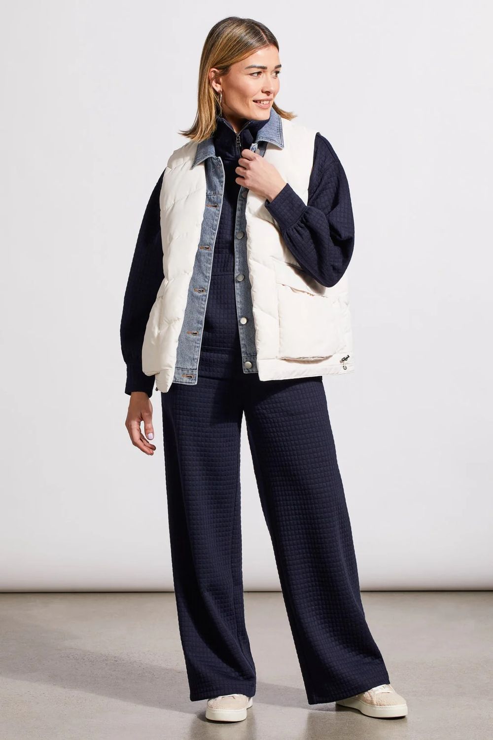 Fooler vest w/  denim detail, Color: Cream/ Denim, Size: S