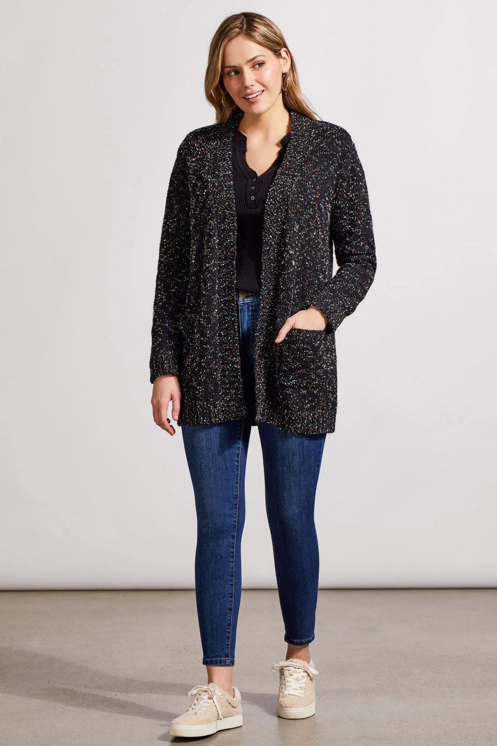 Patch pocket cardi, Color: Black/ Multi, Size: S