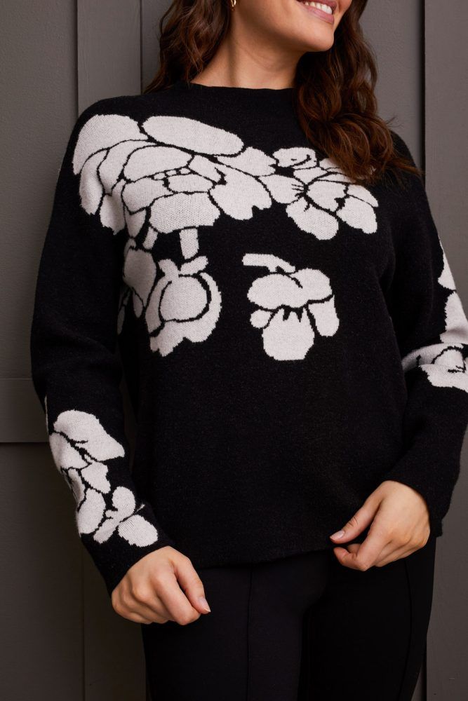 Floral print funnel neck sweater , Color: Black/ white, Size: XS